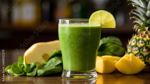 A refreshing green smoothie made with spinach, kale, pineapple and a slice of lime. AI generated
