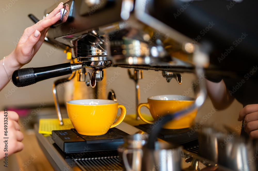 woman hand making cappuccino on coffee machine to cup in bar woman hand making cappuccino on coffee machine to cup in bar