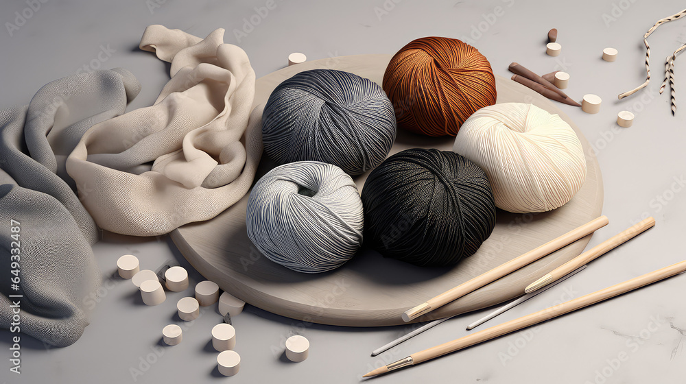 Balls of warm wool yarn needles for knitting in pastel gray calm colors. Cozy composition for a handicraft and needlework store. Balls of warm wool yarn needles for knitting in pastel gray calm colors. Cozy composition for a handicraft and needlework store.
