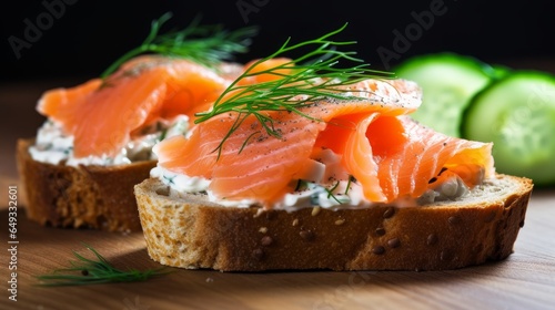 Smoked Salmon Sandwich with cucumber slices, and fresh dill. AI generated