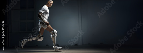 Sport man with prosthetic leg running training - Fitness and disability concept - Focus on bionic leg photo