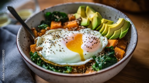 Quinoa Breakfast Bowl, roasted sweet potatoes and a poached egg. AI generated