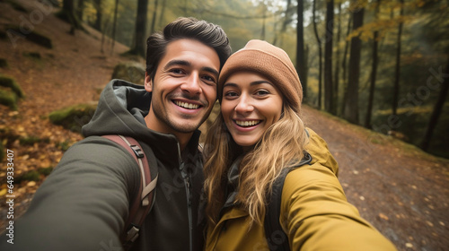 stockphotography, copy space, Attractive couple taking a selfie in a forest in autumn. Outdoors activity. Young couple walking outdoors, exploring nature. Autumn walk.