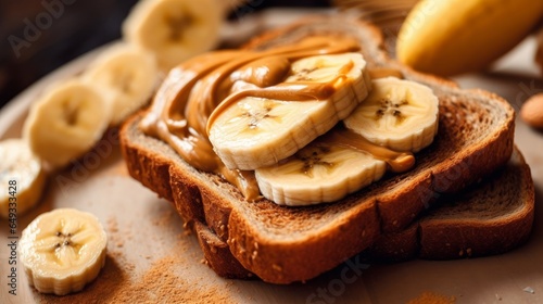 Whole grain toast with nut butter with almond butter or peanut butter, banana slices. AI generated