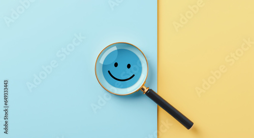 Positive thinking feedback, World mental health day, Magnifying glass focus Satisfied feedback icon, Excellent review result, Customer giving rating for experience or quality product, Opinion survey