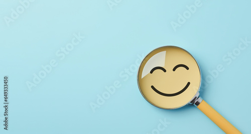 Positive thinking feedback, World mental health day, Magnifying glass focus Satisfied feedback icon, Excellent review result, Customer giving rating for experience or quality product, Opinion survey