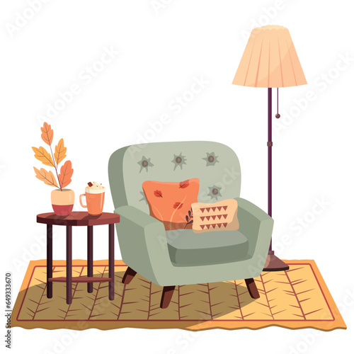 Vector illustration of a cozy room interior in autumn pastel colors with armchair.