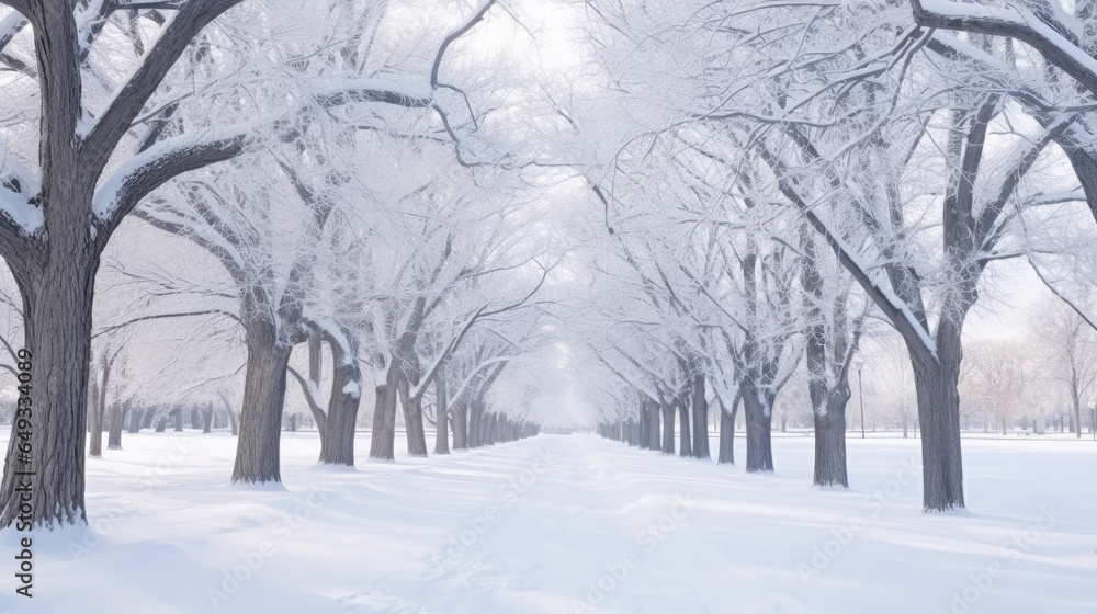 Naklejka premium Winter Snow Trees, Park Road Perspective, White Alley Tree Rows convergence