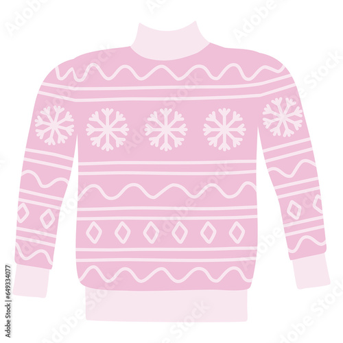 Warm knitted sweater with snowflakes and geometric pattern, doodle style flat vector
