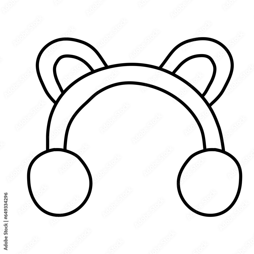 Winter clothes, earmuffs or ear warmer, doodle style flat vector outline for kids coloring book