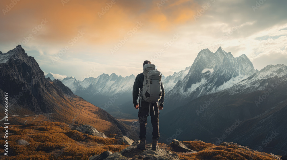 A man hiking in mountains A man hiking in mountains