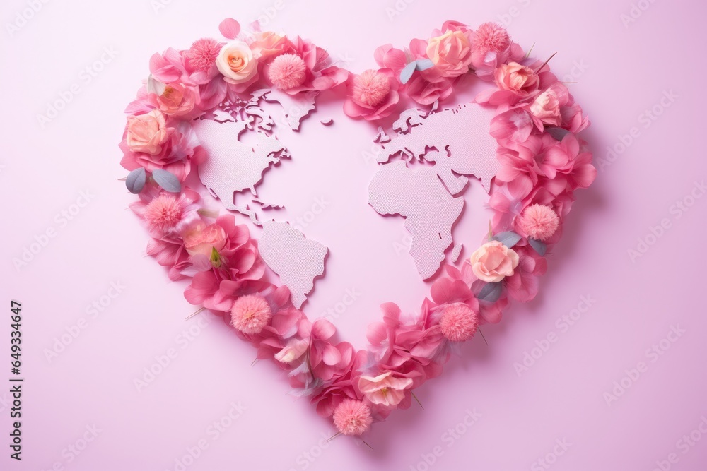 A heart made of flowers on a vibrant pink background