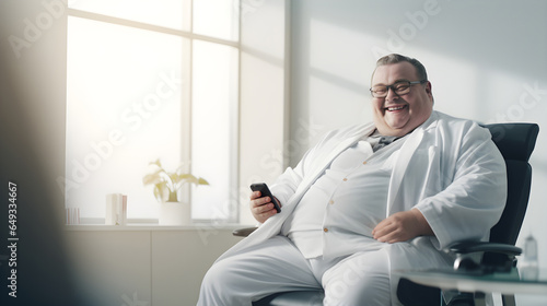 Portrait of happy kind mature doctor sitting at desk in modern office