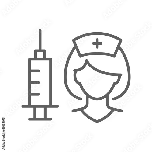 Vaccine and Vaccination Nurse, vaccine line icon for coronavirus, influenza, measles, diphtheria, rabies. injection, shot, medical  Editable stroke vector illustration design
