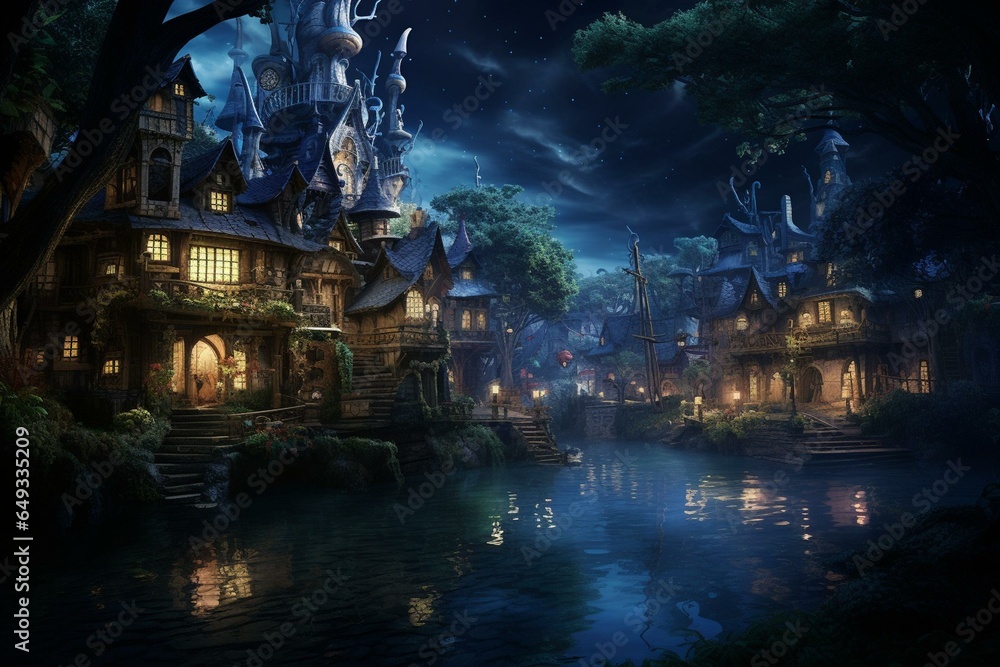 Enchanted night village. Generative AI
