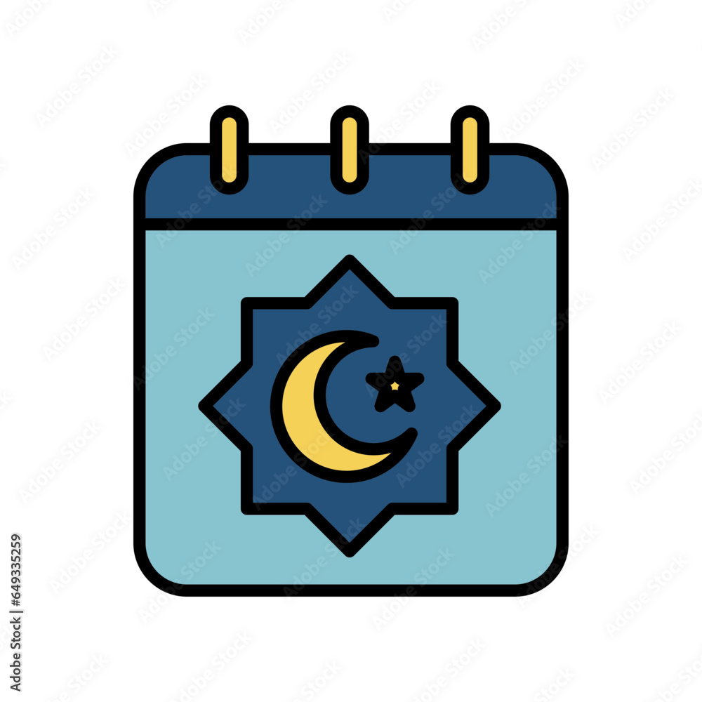 Islamic date icon for eid, muslim fasting ramadan. Calendar page with muslim moon and star. Arabic months, Lunar Hijri. Filled style vector illustration. design on Islamic date icon for eid, muslim fasting ramadan. Calendar page with muslim moon and star. Arabic months, Lunar Hijri. Filled style vector illustration. design on