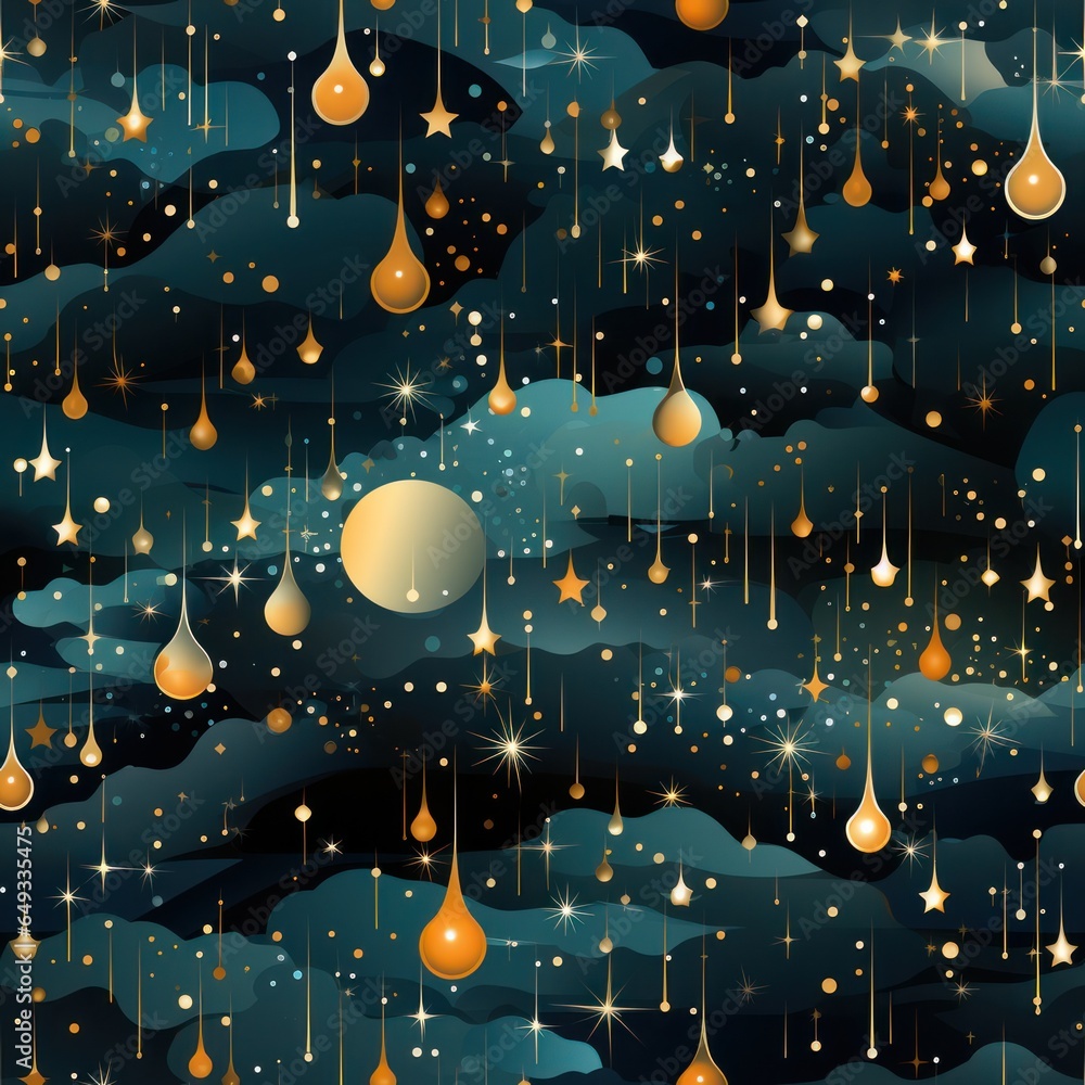 seamless pattern with golden stars on dark blue sky. 