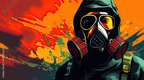 A man in a gas mask with the abstract background