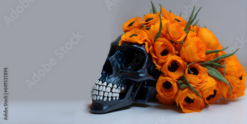 Close up black skull with orange rose flower bouquet on white background, idea for living room Halloween decoration