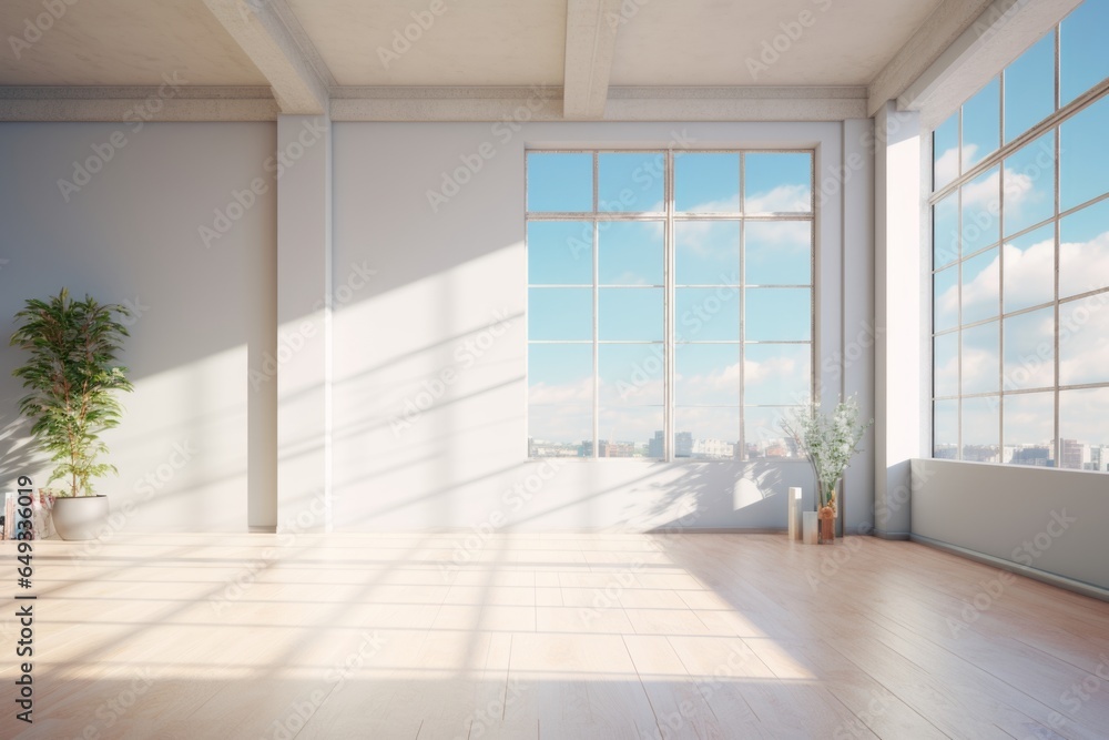 Fototapeta premium the open space on the floor next to windows with sunlight coming in, in the style of realistic blue skies, empty white room with window views and plant, in the style of ray tracing