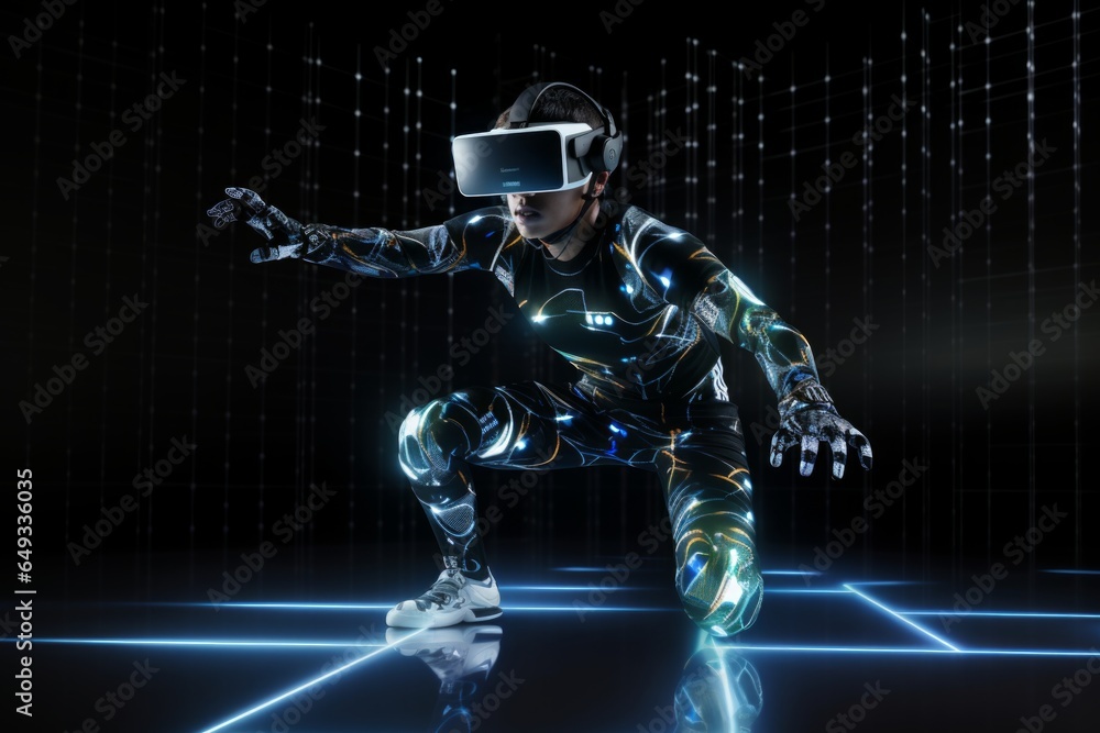 futuristic android in a vr headset, in the style of dynamic pose, futuristic cyberpunk, augmented reality subject with v eye technology wearing a bodysuit, in the style of futuristic, dynamic pose futuristic android in a vr headset, in the style of dynamic pose, futuristic cyberpunk, augmented reality subject with v eye technology wearing a bodysuit, in the style of futuristic, dynamic pose