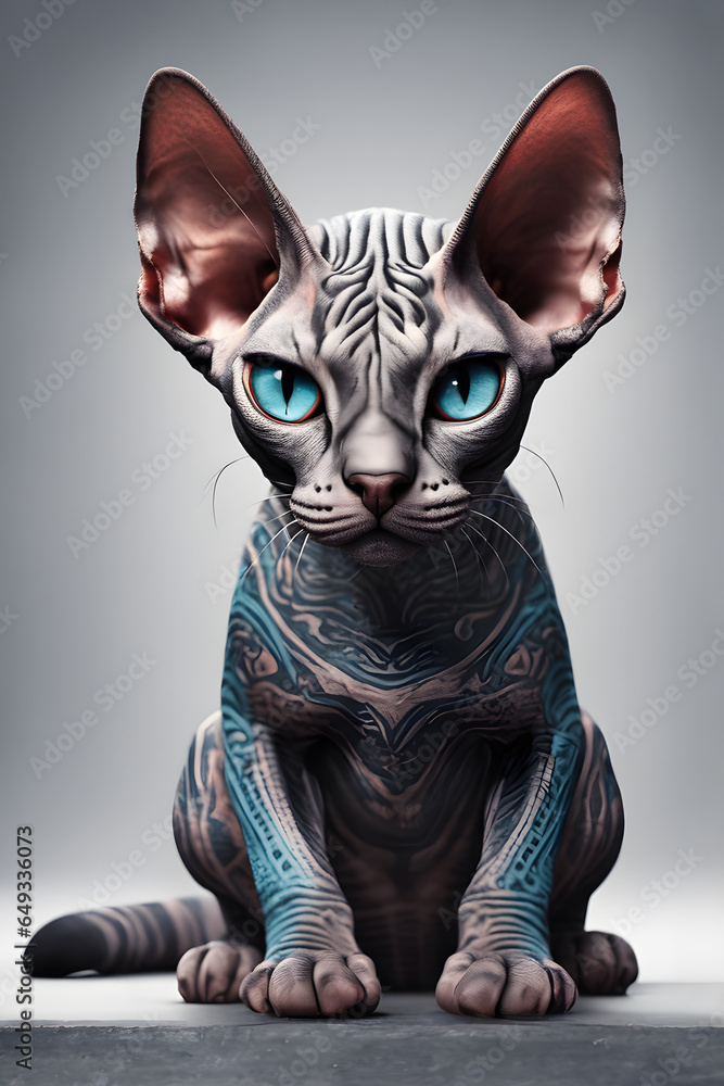 hairless Sphynx kitten with big blue eyes and tattoos on his body