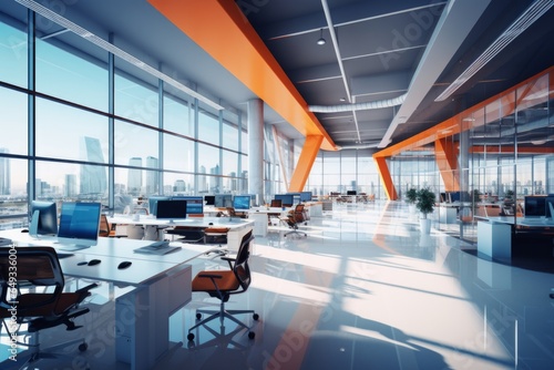 office with chairs  tables and orange lines with windows overlooking city buildings in the style of polished surfaces