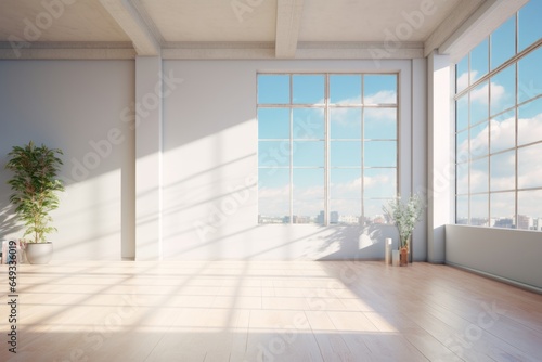 the open space on the floor next to windows with sunlight coming in  in the style of realistic blue skies  empty white room with window views and plant  in the style of ray tracing