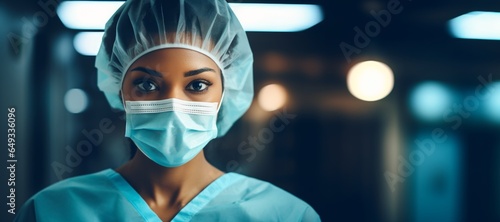 a black female woman surgeon in a surgical mask and medical gown, a professional nurse doctor, in the style of soft focus lens, medical topics, close up photo