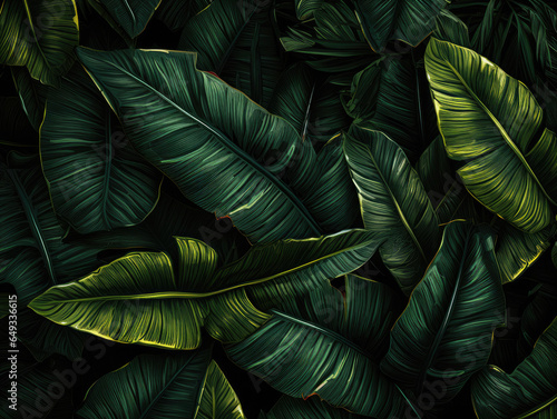 Dark summer tropical design with banana palm leaves 3d effect. 