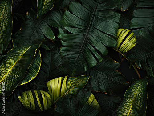 Dark summer tropical design with banana palm leaves 3d effect. 