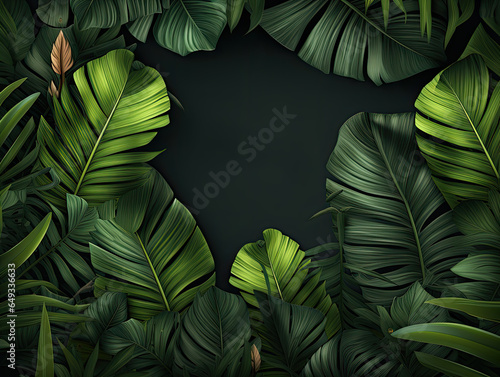 Dark summer tropical design with banana palm leaves 3d effect. 