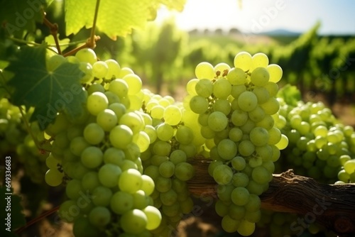 green white grape in a field with sun, white grapes are hanging on vines in a vineyard with sunlight, a group of many white grapes on the vine, harvest photo