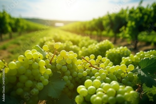 green white grape in a field with sun, white grapes are hanging on vines in a vineyard with sunlight, a group of many white grapes on the vine, harvest photo