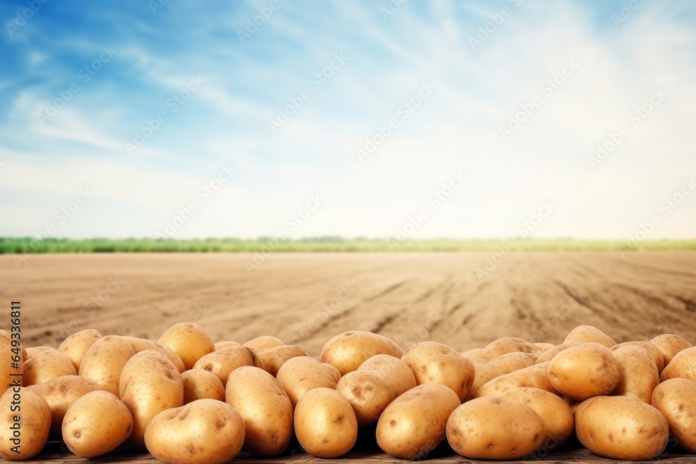 piles of potatoes are laying near in a field, potatoes in the ground on a sunny day, potatoes are on a farm field with a blue sky - obrazy, fototapety, plakaty 
