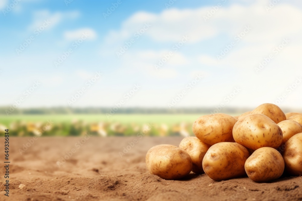 piles of potatoes are laying near in a field, potatoes in the ground on a sunny day, potatoes are on a farm field with a blue sky - obrazy, fototapety, plakaty 