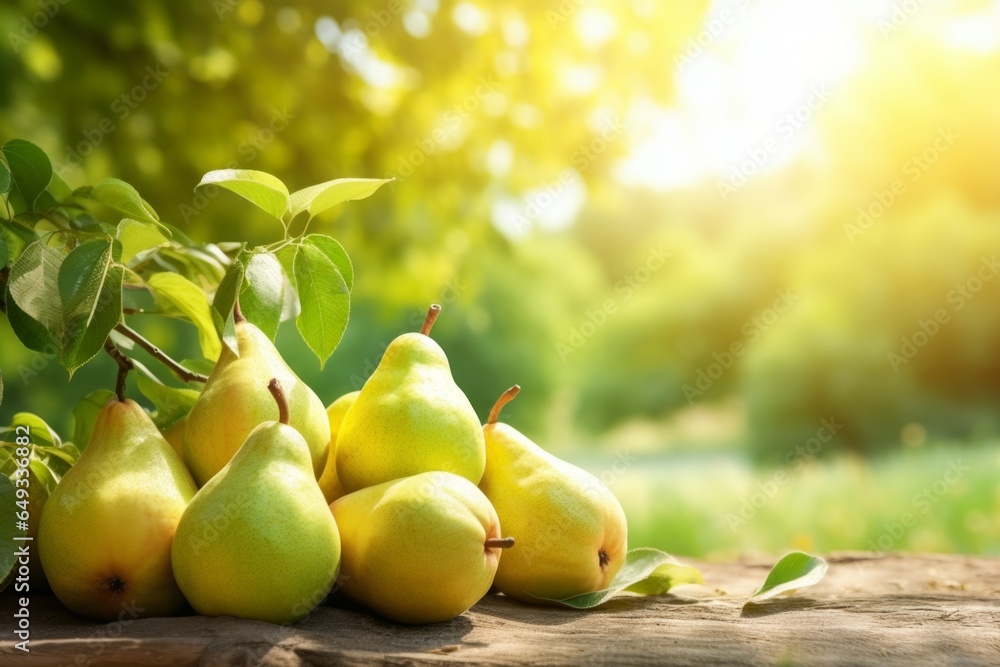 pears on the table with green leaves in a sunny summer garden with summer sun