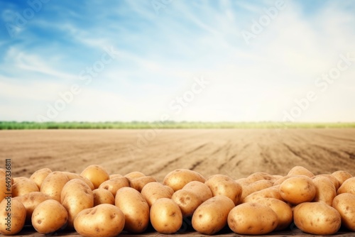 piles of potatoes are laying near in a field, potatoes in the ground on a sunny day, potatoes are on a farm field with a blue sky