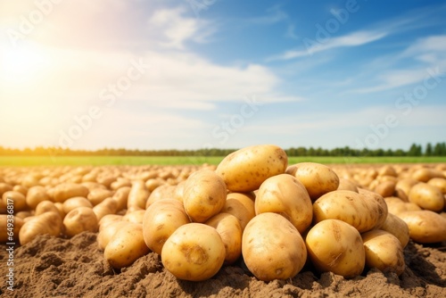 piles of potatoes are laying near in a field, potatoes in the ground on a sunny day, potatoes are on a farm field with a blue sky © vasyan_23