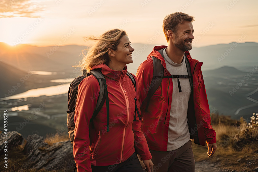Hiking couple looking enjoying sunset view on hike during trek in mountain nature landscape at sunset. Active healthy couple doing outdoor activities.