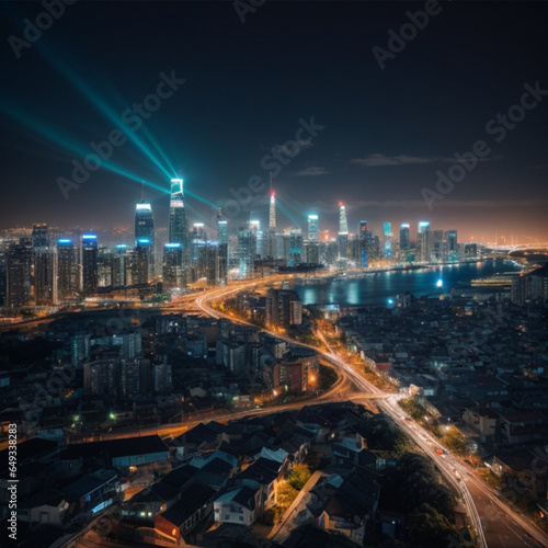 Scenic nighttime skyline of big cmodern city with illuminated skyscrapers. © Павел Литинский