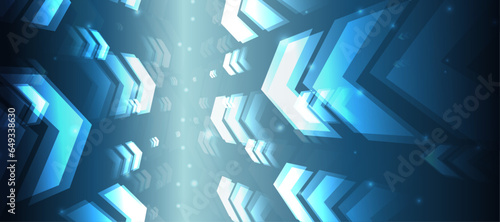 Dark blue glowing arrow light background. Future digital growth technology