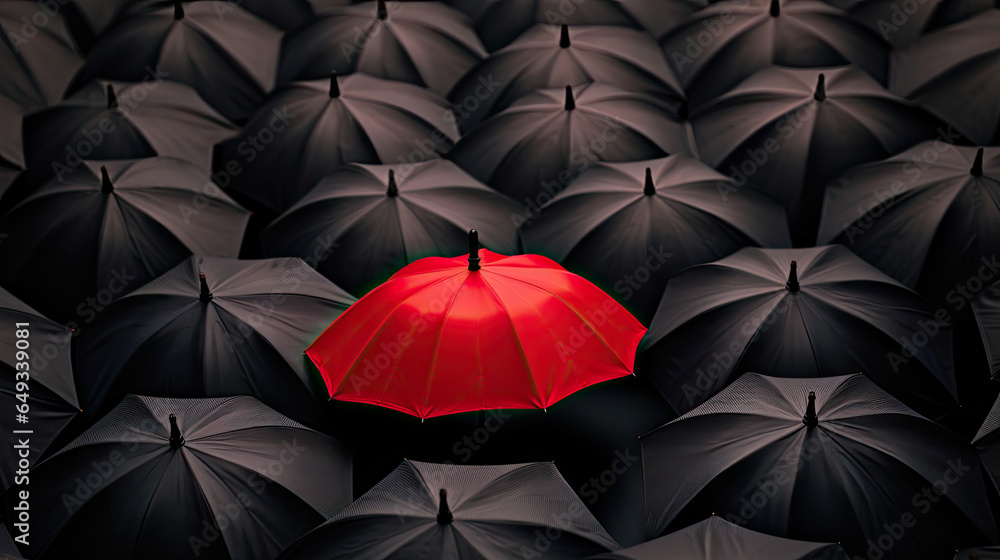 Red umbrella between a lot of black umbrellas - obrazy, fototapety, plakaty 