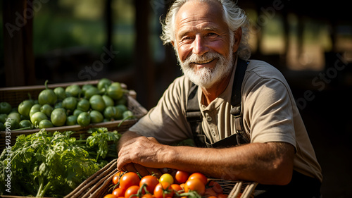 Happy smiling farmer next to his organic products © aviavlad