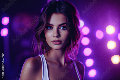 Portrait of a woman in her 20s in a nightclub, purple colors.