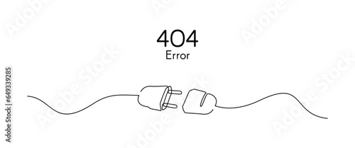 One continuous line drawing of Plug and Socket unplug. Power electric outlet in simple linear style. Concept of 404 error page not found. Editable stroke. Contour Vector illustration