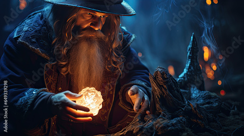 an old magician is sitting in front of something glowing photo