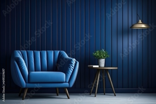 Living room interior has a armchair on empty dark blue wall