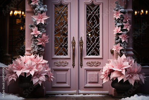 Pink Christmas decorative garland around the door photo