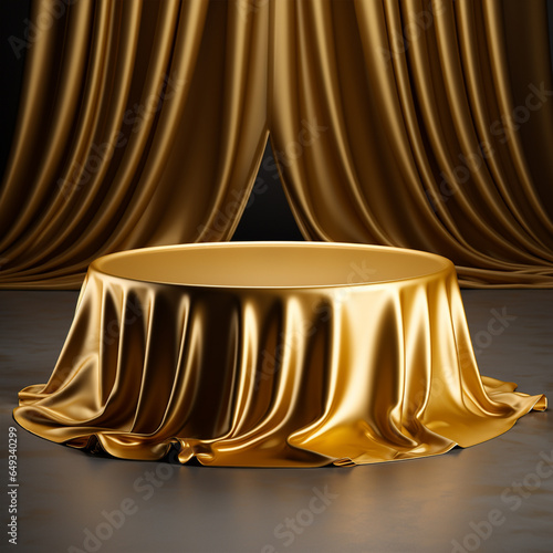 Simple round podium covered with golden cloth, ai technology